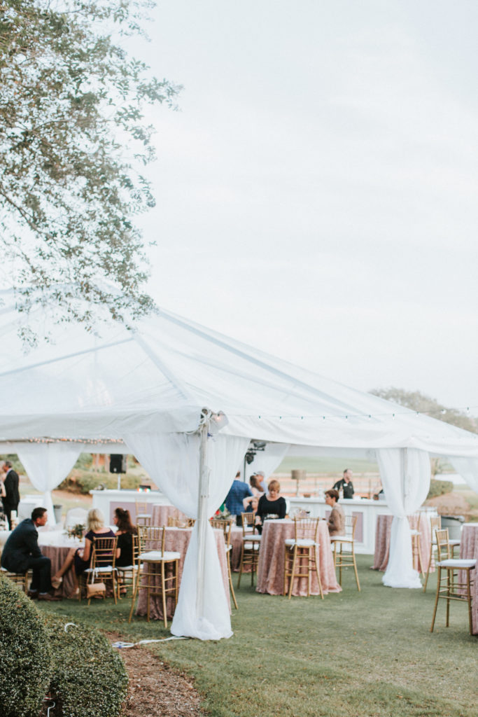A tented wedding reception is depicted. The tent is draped with white fabric and sits atop a green field 