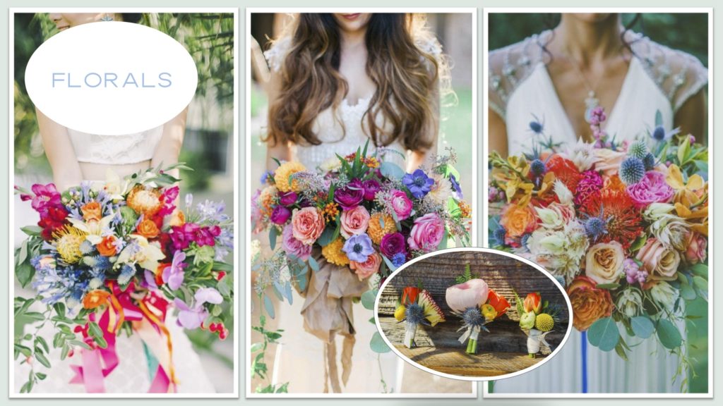 Brides in white dresses holding colorful bouquets.