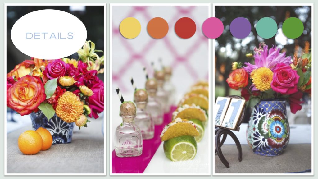 Bright pink and orange flowers in blue and white ceramic vases. Tequila shooters and mini taco and lime canapés