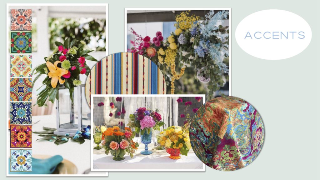 Mexican-inspired linens and colorful terrariums and vases on white tablecloths. 